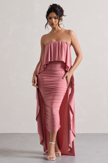 Upon A Time Blush Ruched Bandeau Midi Dress With Cape